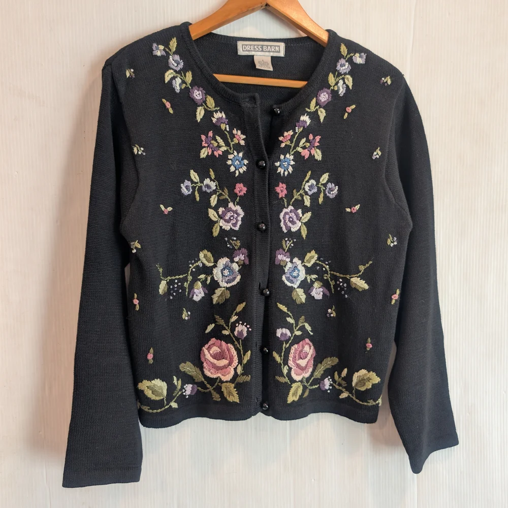 Vintage DRESS BARN Women's Floral Embroidered Black Knit Cardigan Size 8 - Picture 11 of 11